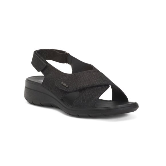 ENVAL SOFT Black Made In Italy Leather Cross Band Comfort Wedge Sandals - Picture 1 of 2